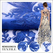 Tela bordada del cordón coreano plano azul elegante del precio barato